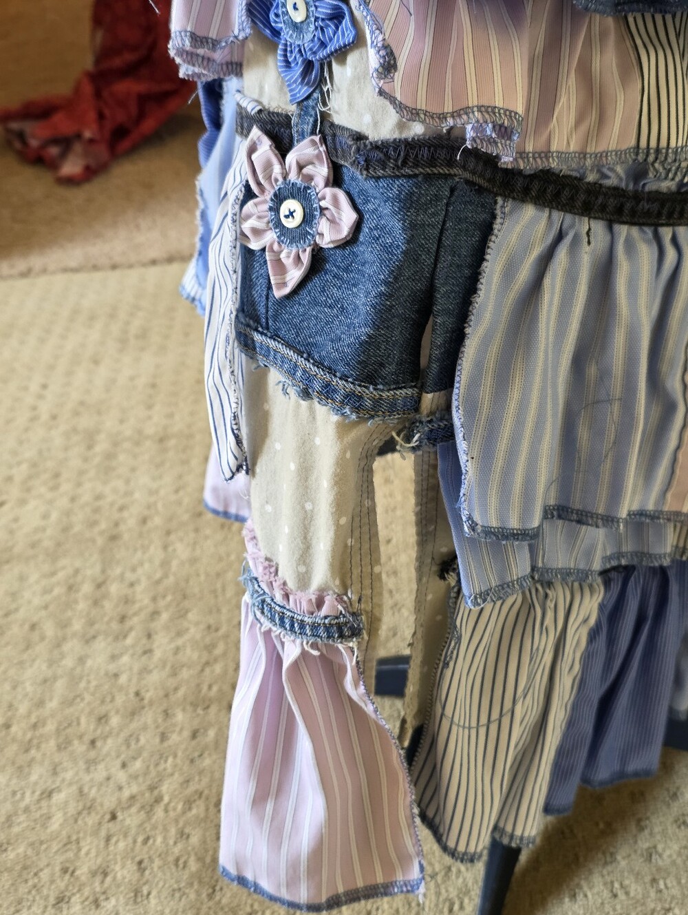 HAND CRAFTED Midi Skirt UPCYCLED Blue Denim Striped Shirt Ragged Plus Size 18w - Picture 4 of 11